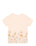 A back view coral Aigner Kids T-shirt featuring a botanical floral and butterfly print along the bottom hem and the Aigner logo on the chest.