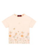 A pastel peach Aigner Kids T-shirt featuring a botanical floral and butterfly print along the bottom hem and the Aigner logo on the chest.