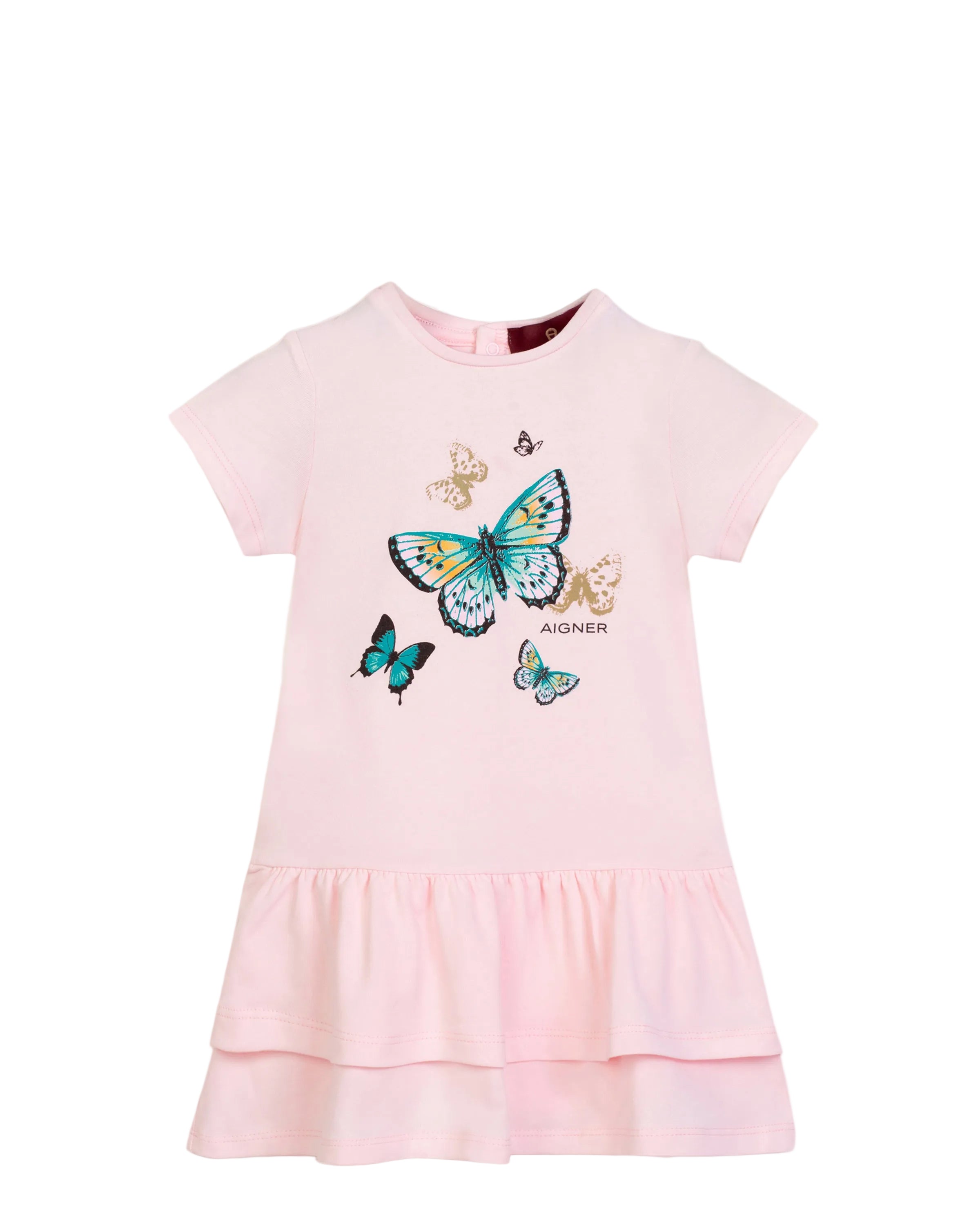 A soft pastel pink Aigner Kids dress with a butterfly graphic print on the front and a double-tiered ruffled hem.