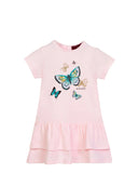 A soft pastel pink Aigner Kids dress with a butterfly graphic print on the front and a double-tiered ruffled hem.