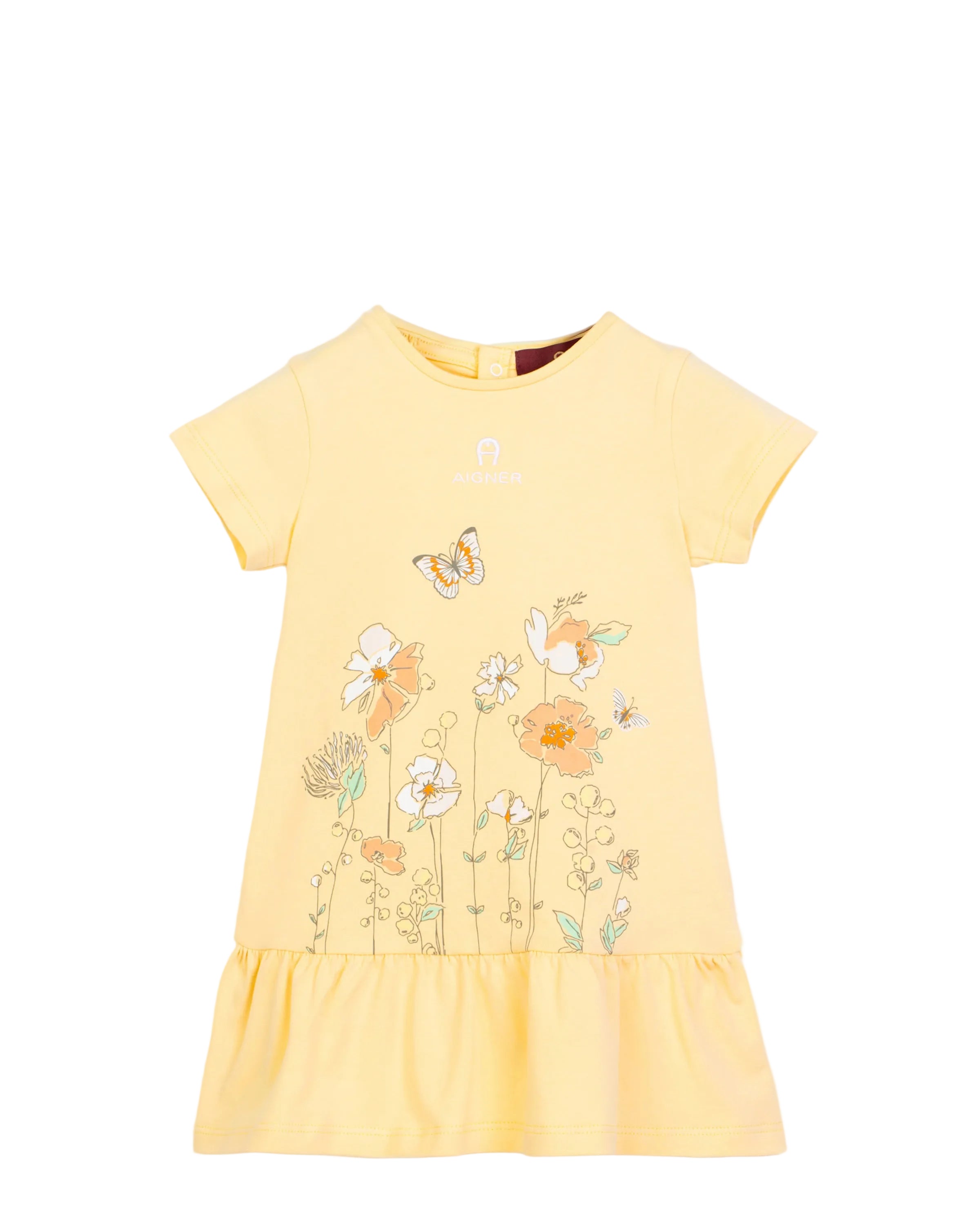 A pastel yellow Aigner Kids dress featuring a delicate floral and butterfly botanical print on the front and a ruffled hem.