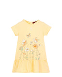 A pastel yellow Aigner Kids dress featuring a delicate floral and butterfly botanical print on the front and a ruffled hem.