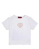 White short-sleeved Aigner Kids T-shirt featuring a central heart graphic with the Aigner logo and pearlescent detailing on a clean, soft cotton base.