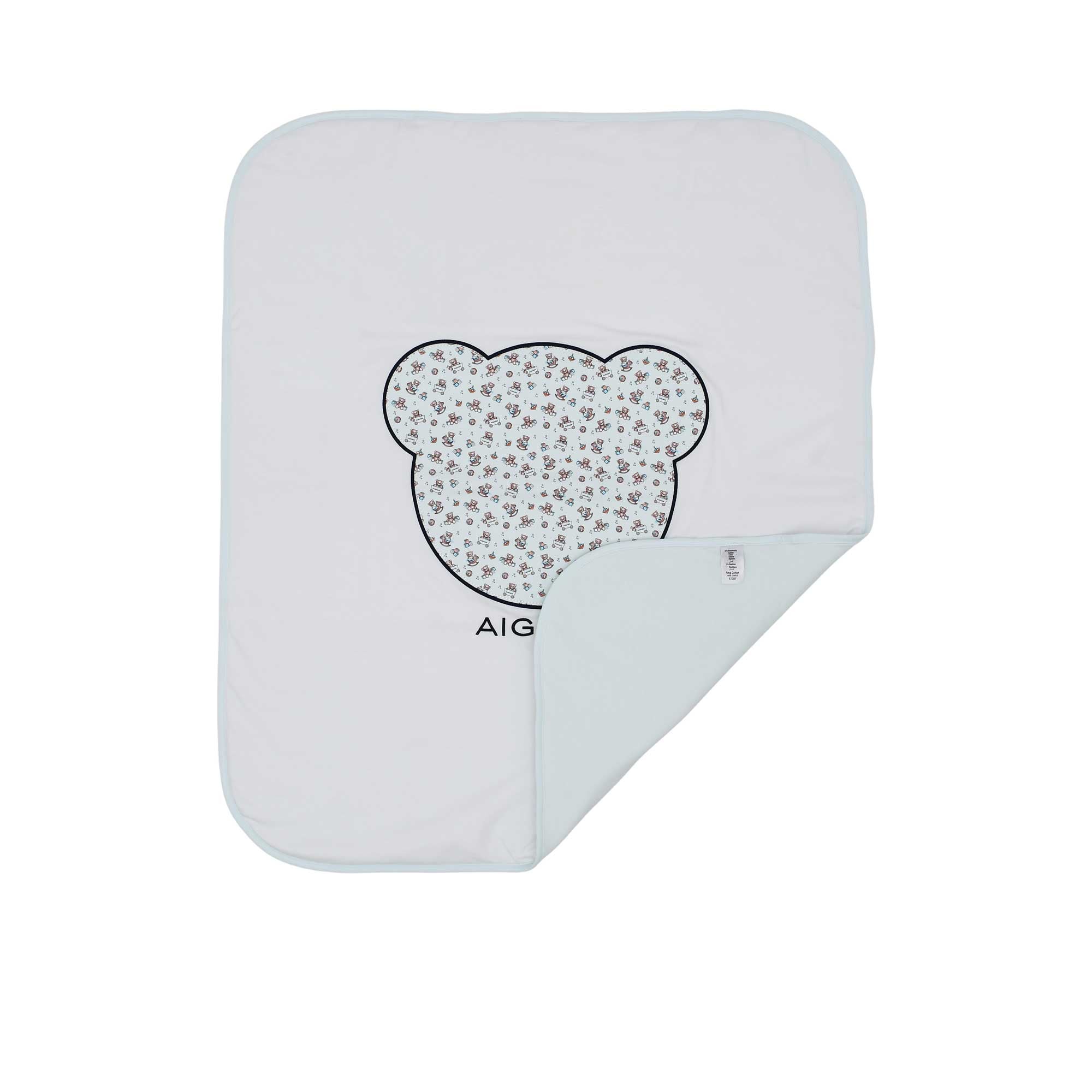 Aigner Kids white blanket with a folded corner revealing a soft pale blue reverse and the designer brand label.