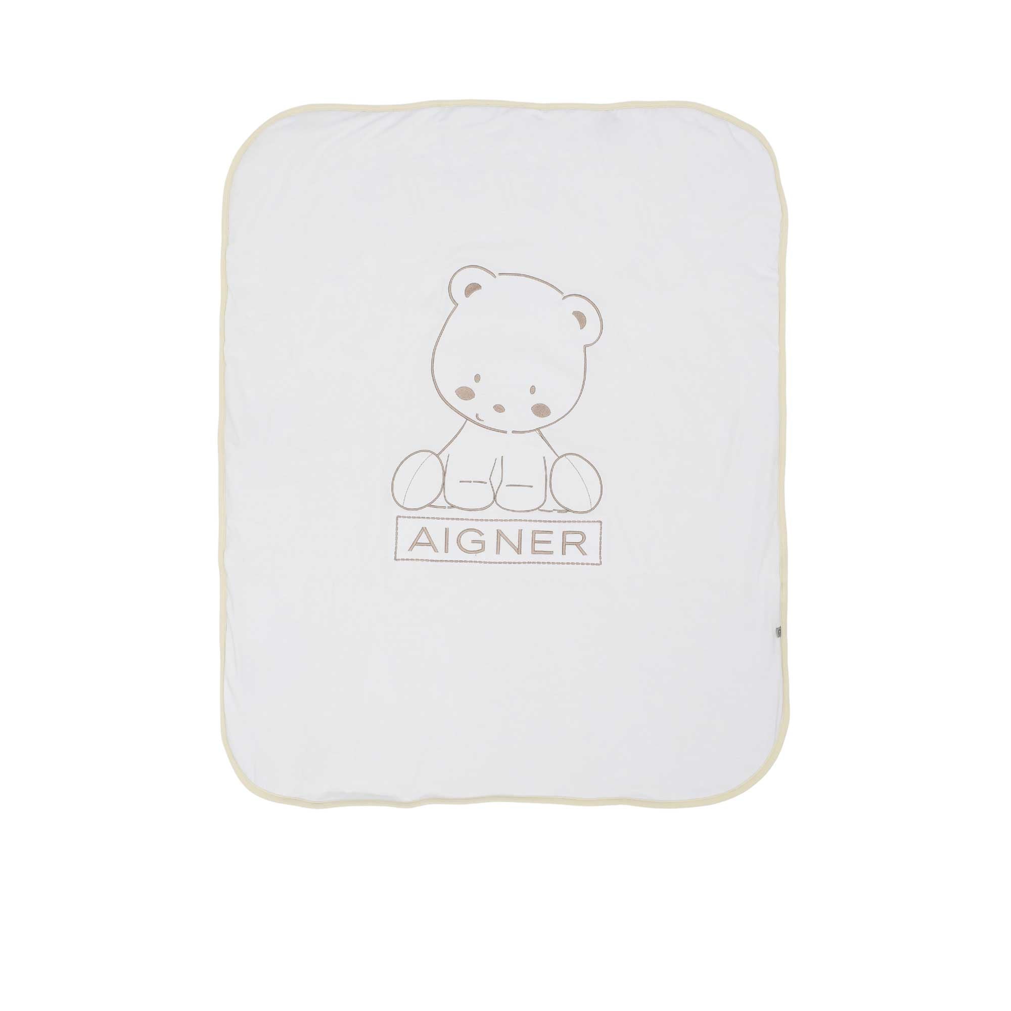Full flat view of the Aigner Kids beige blanket featuring a central tonal embroidered teddy bear and Aigner logo.