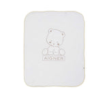 Full flat view of the Aigner Kids beige blanket featuring a central tonal embroidered teddy bear and Aigner logo.