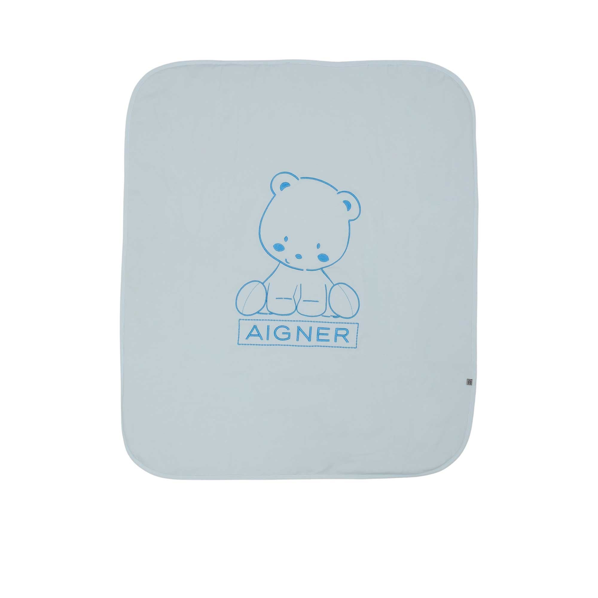 Full flat view of the Aigner Kids blue blanket featuring a central tonal embroidered teddy bear and Aigner logo.