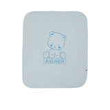 Full flat view of the Aigner Kids blue blanket featuring a central tonal embroidered teddy bear and Aigner logo.