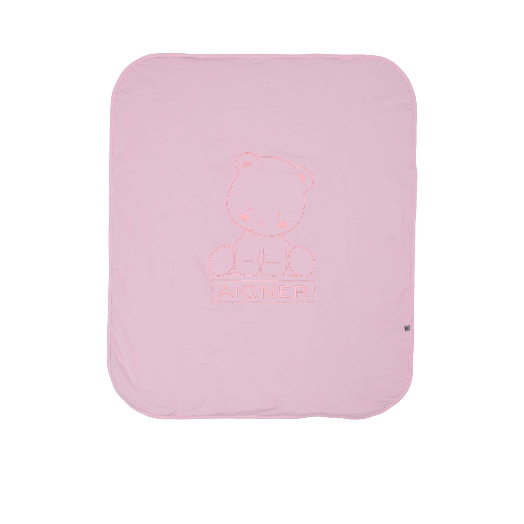 Full flat view of the Aigner Kids pink blanket featuring a central tonal embroidered teddy bear and Aigner logo.