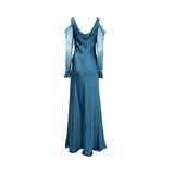 The back of a teal Alberta Ferretti silk gown showing a deep cowl draped neckline, off-the-shoulder sheer sleeves, and a fluid, sweeping floor-length skirt.