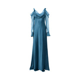 A floor-length Alberta Ferretti gown in teal blue silk-satin featuring a draped cowl neckline and long, sheer chiffon ruched sleeves with cuffs, shown against a white background.