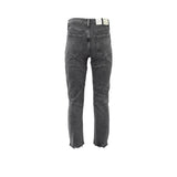 Rear view of Alberta Ferretti grey denim jeans showing the high-waisted fit, two back pockets, and raw-edge ankle detail.