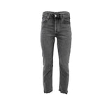 Front view of Alberta Ferretti high-rise straight-leg jeans in washed charcoal grey featuring a button fly and frayed raw hems against a white background.