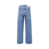 Rear view of Alberta Ferretti light wash blue jeans highlighting the wide-leg fit and back pocket detailing.