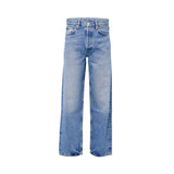 Front view of Alberta Ferretti wide-leg denim jeans in a light blue wash, featuring a mid-rise waist and traditional five-pocket construction against a white background.