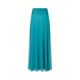 Back view of a turquoise Alberta Ferretti chiffon maxi skirt showcasing a clean, horizontally ruched high-rise waistband and a flowing A-line silhouette.