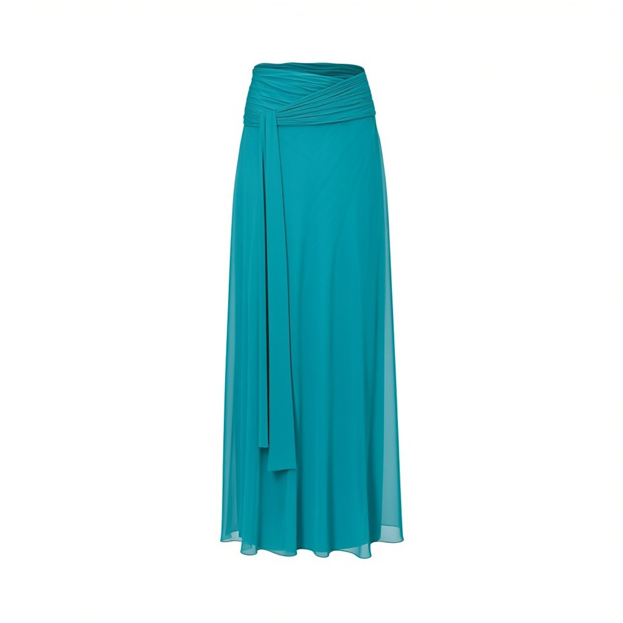 Front view of a vibrant turquoise chiffon maxi skirt by Alberta Ferretti featuring a wide ruched high waistband and a long, fluidly draped front sash.