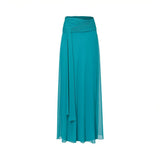 Front view of a vibrant turquoise chiffon maxi skirt by Alberta Ferretti featuring a wide ruched high waistband and a long, fluidly draped front sash.