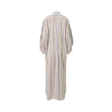 Back view of an Alberta Ferretti striped cotton maxi dress showcasing a structured back yoke, vertical stripes, and a loose, flowing ankle-length cut.