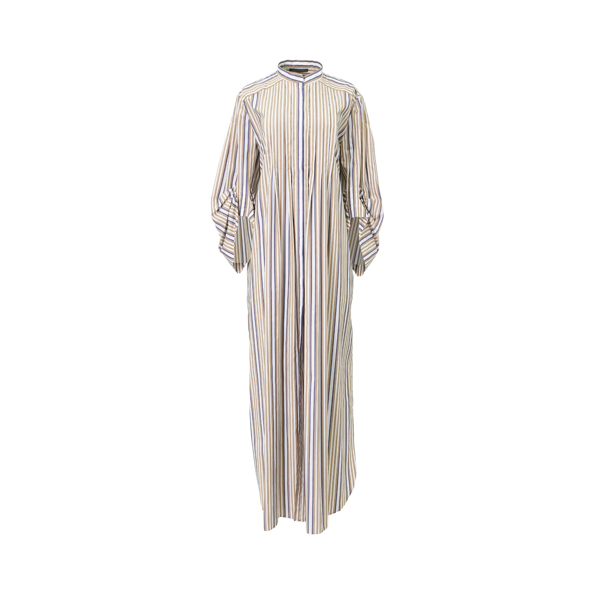 Front view of a long, multi-colored striped maxi shirtdress by Alberta Ferretti featuring a mandarin collar, a hidden placket, and voluminous ruched sleeves.