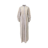 Front view of a long, multi-colored striped maxi shirtdress by Alberta Ferretti featuring a mandarin collar, a hidden placket, and voluminous ruched sleeves.