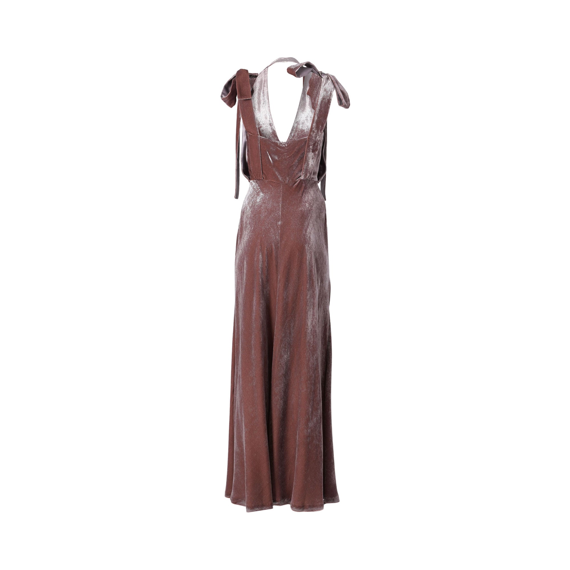 Studio product photograph showcasing the back view of the Alberta Ferretti women's evening gown in rose taupe velvet, detailing its low open V-back design, shoulder ties, and fluid floor-length skirt silhouette against a plain white background.