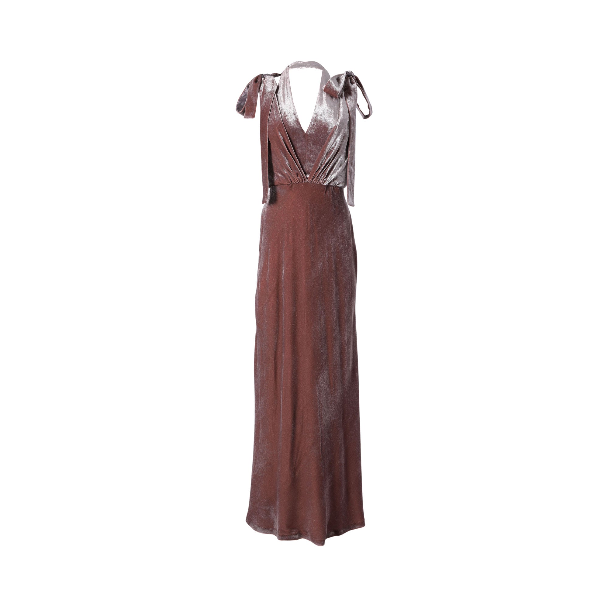 Studio product photograph showcasing the front view of the Alberta Ferretti women's evening gown in rose taupe velvet, highlighting its plunging draped V-neckline and decorative shoulder bows against a plain white background.