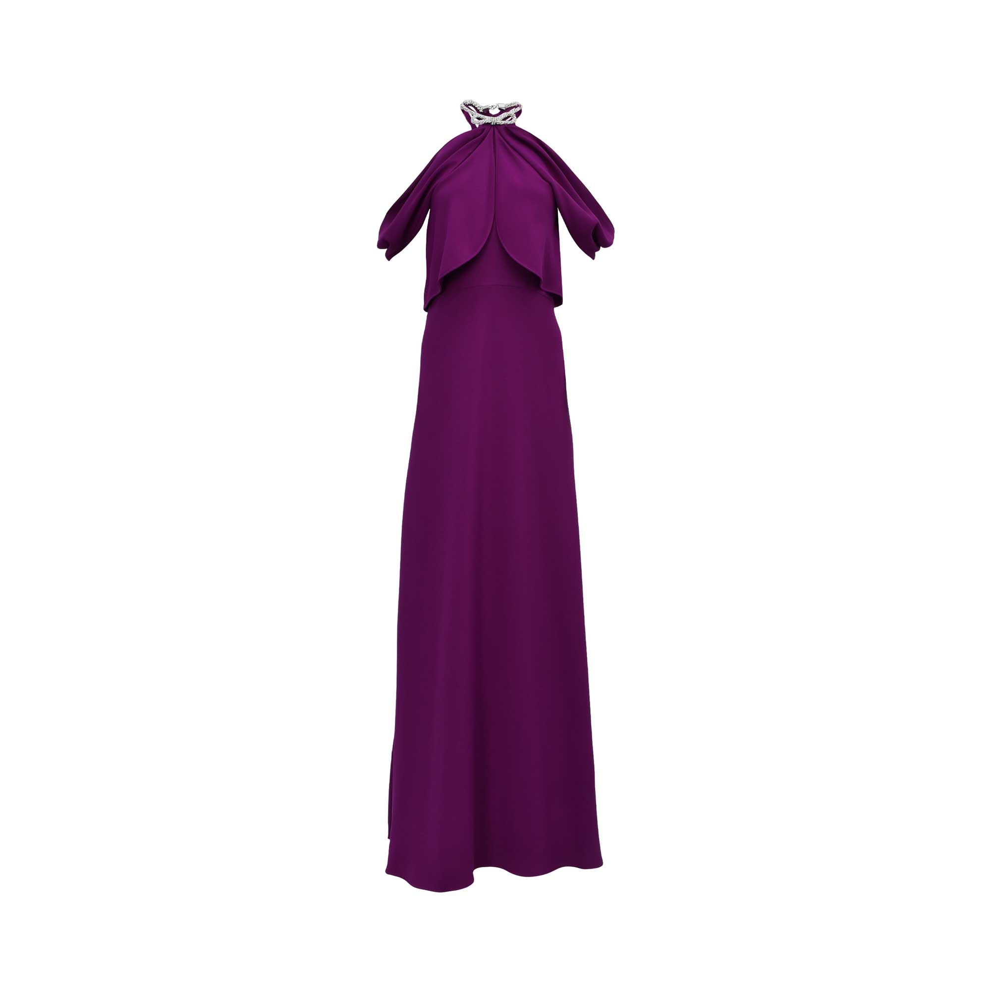 Front view of a purple halter maxi gown featuring a sparkling crystal-encrusted collar and elegant draped bodice layers.