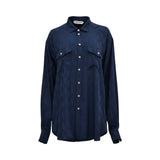 Front view of a navy blue long-sleeve silk shirt featuring an all-over tonal monogram pattern and a clean concealed button-down front.