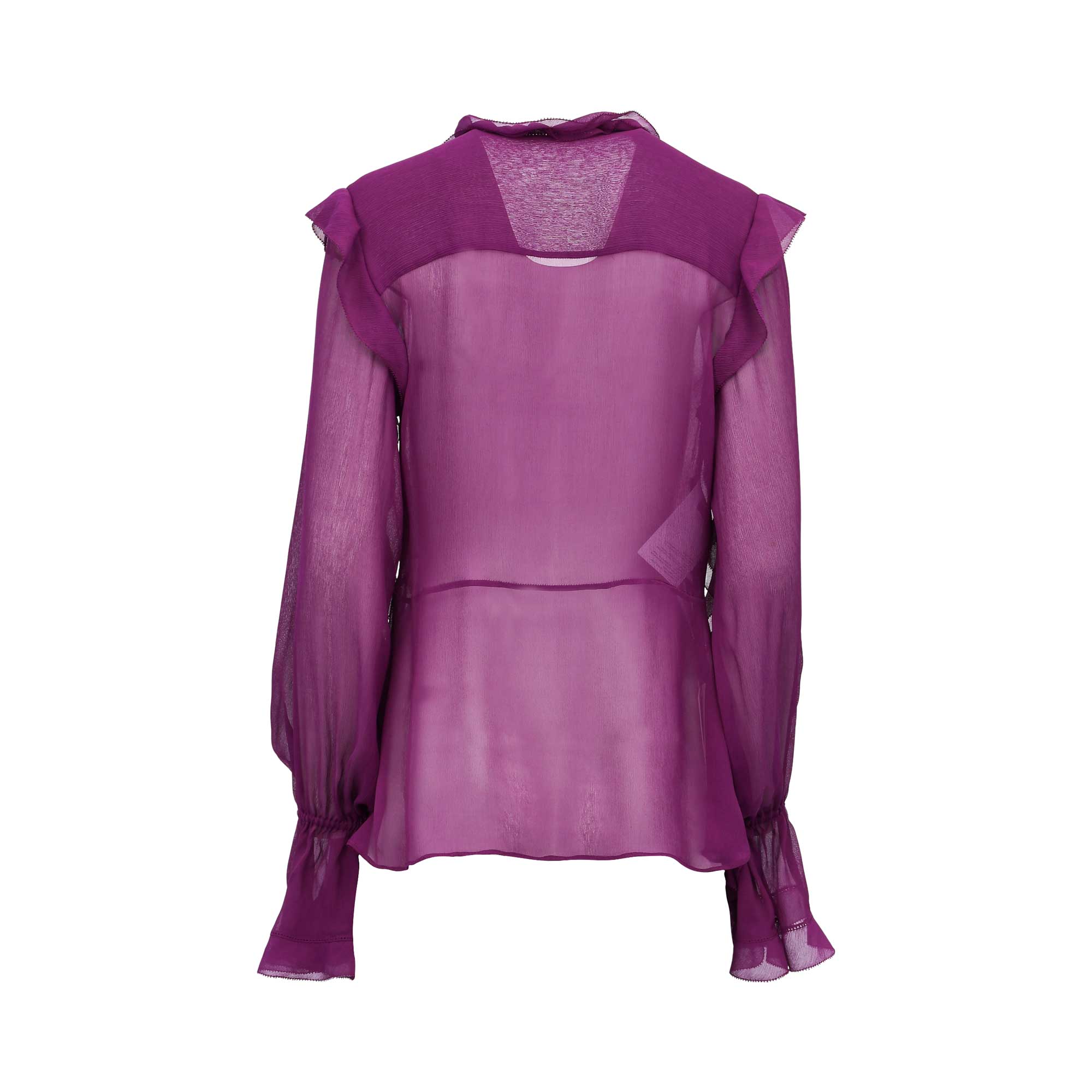 Back view of the navy blue monogram blouse, showcasing the smooth silk fabric and the elegant drape of the long sleeves and bow.