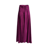 A rich plum-colored satin maxi skirt, shot to emphasize the deep, luxurious folds and liquid-like texture of the fabric, showing the voluminous drape.