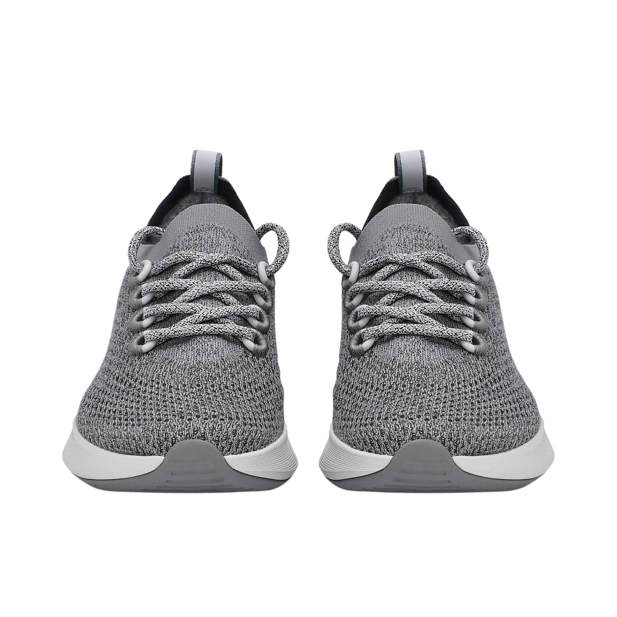 Front-facing view of a pair of Allbirds Tree Dasher 2 shoes, displaying the textured grey toe boxes and clean white midsoles.