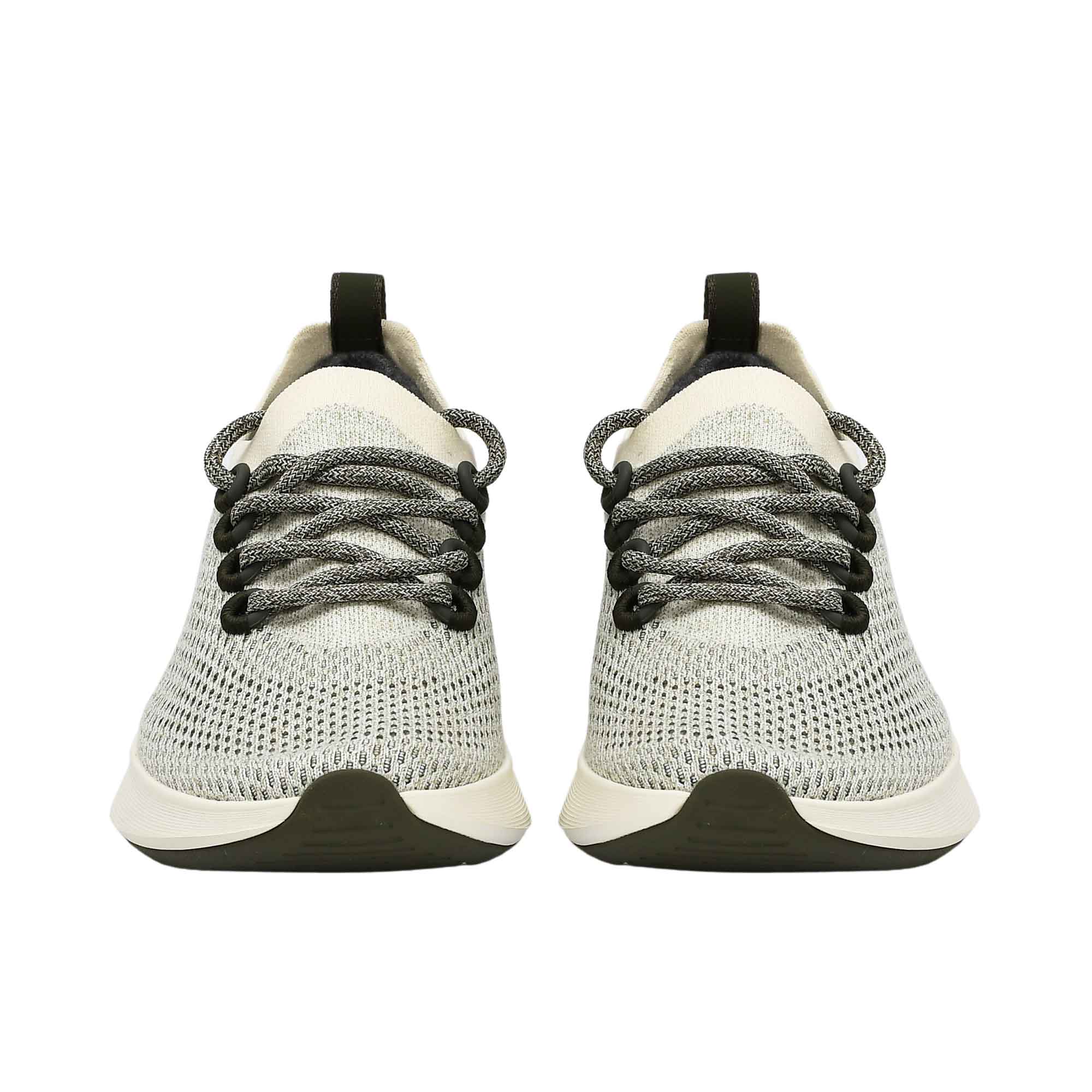 Front-facing view of a pair of Allbirds Tree Dasher 2 shoes, displaying the textured black toe boxes and matching dark laces.