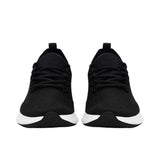Front-facing view of a pair of black Allbirds Tree Runner sneakers, highlighting the symmetric lace-up design, rounded toe boxes, and contrasting white soles.