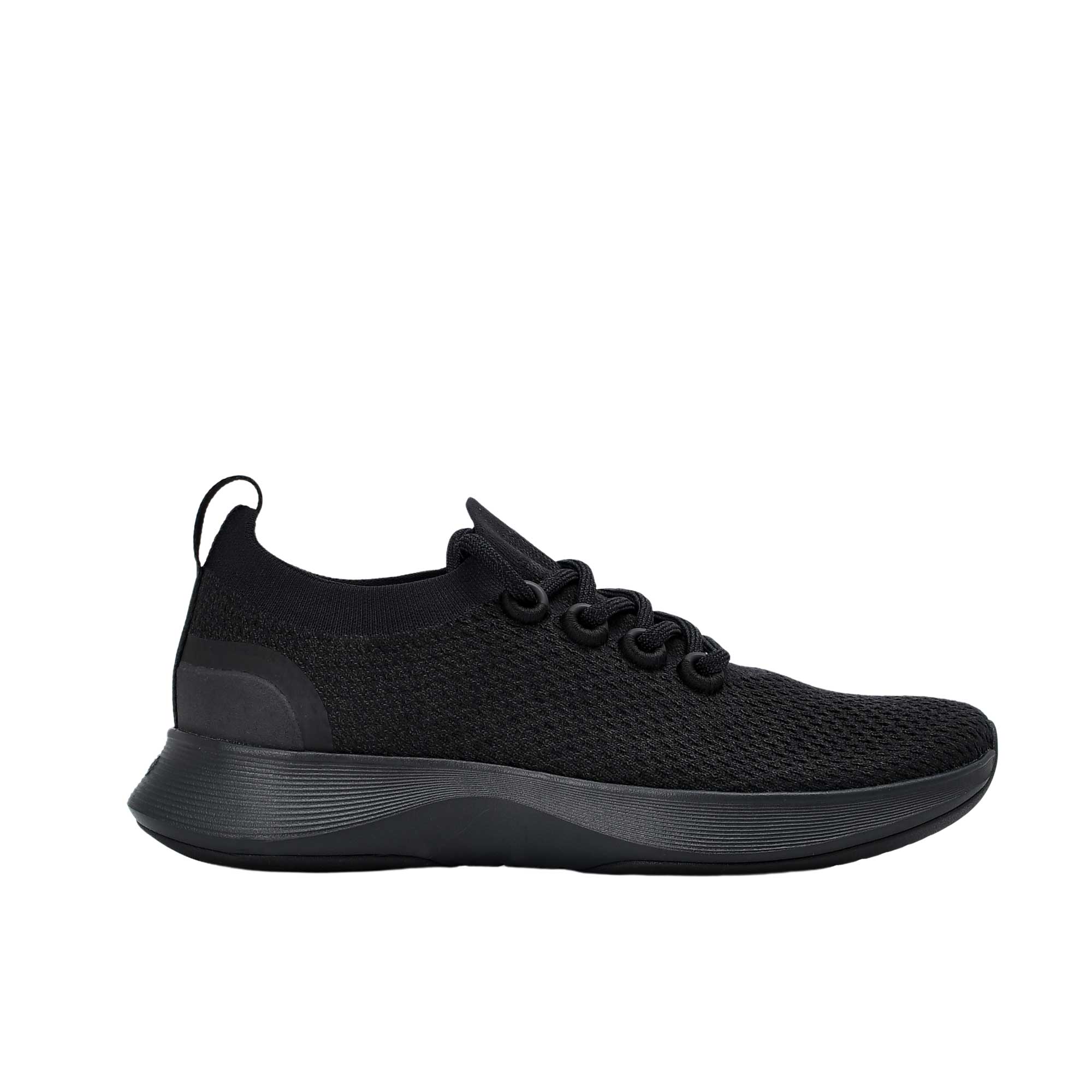 Side profile view of a single black Allbirds Tree Runner sneaker with a textured knit upper, black laces, and a matching thick, contoured black midsole.