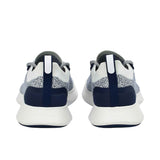 Rear view of a pair of Allbirds Tree Dasher 2 running shoes, showing the textured toe boxes and mixed navy-white patterned laces.