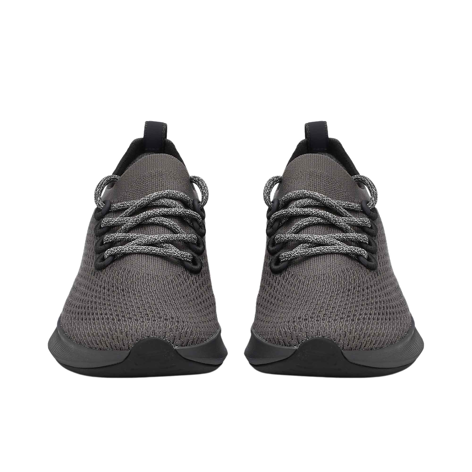 Front-facing view of a pair of Allbirds Tree Dasher 2 running shoes showing the symmetrical toe boxes and overlapping speckled laces.