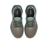 Top-down overhead view of the grey sneakers, displaying the dark grey insoles printed with the white Allbirds logo.