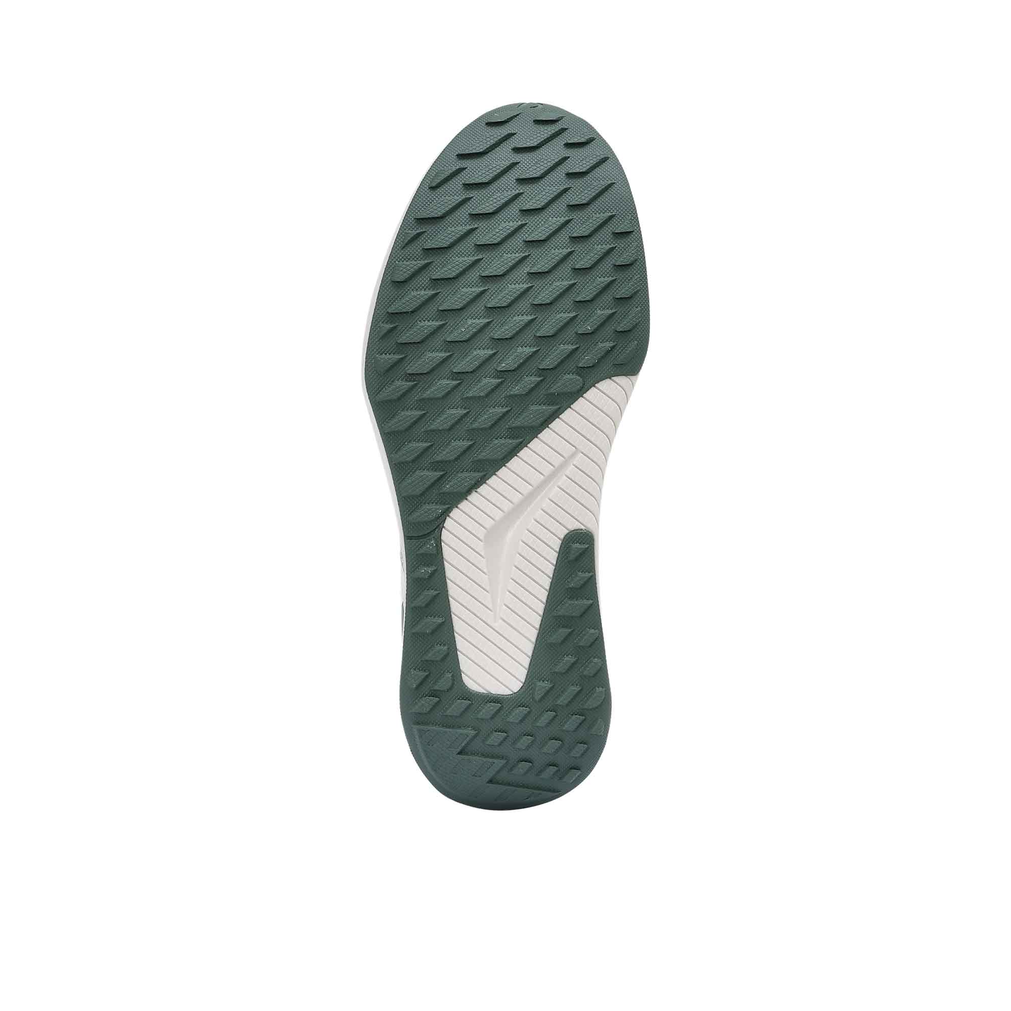 Rear view of the heels of the Allbirds Tree Flyer sneakers, highlighting the molded sage green external heel counters with the embossed "allbirds" logo and pull tabs.