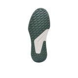 Rear view of the heels of the Allbirds Tree Flyer sneakers, highlighting the molded sage green external heel counters with the embossed "allbirds" logo and pull tabs.