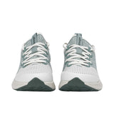 Front-facing view of a pair of Allbirds Tree Flyer running shoes highlighting the symmetrical toe guards, white laces, and sage green tongue tabs.