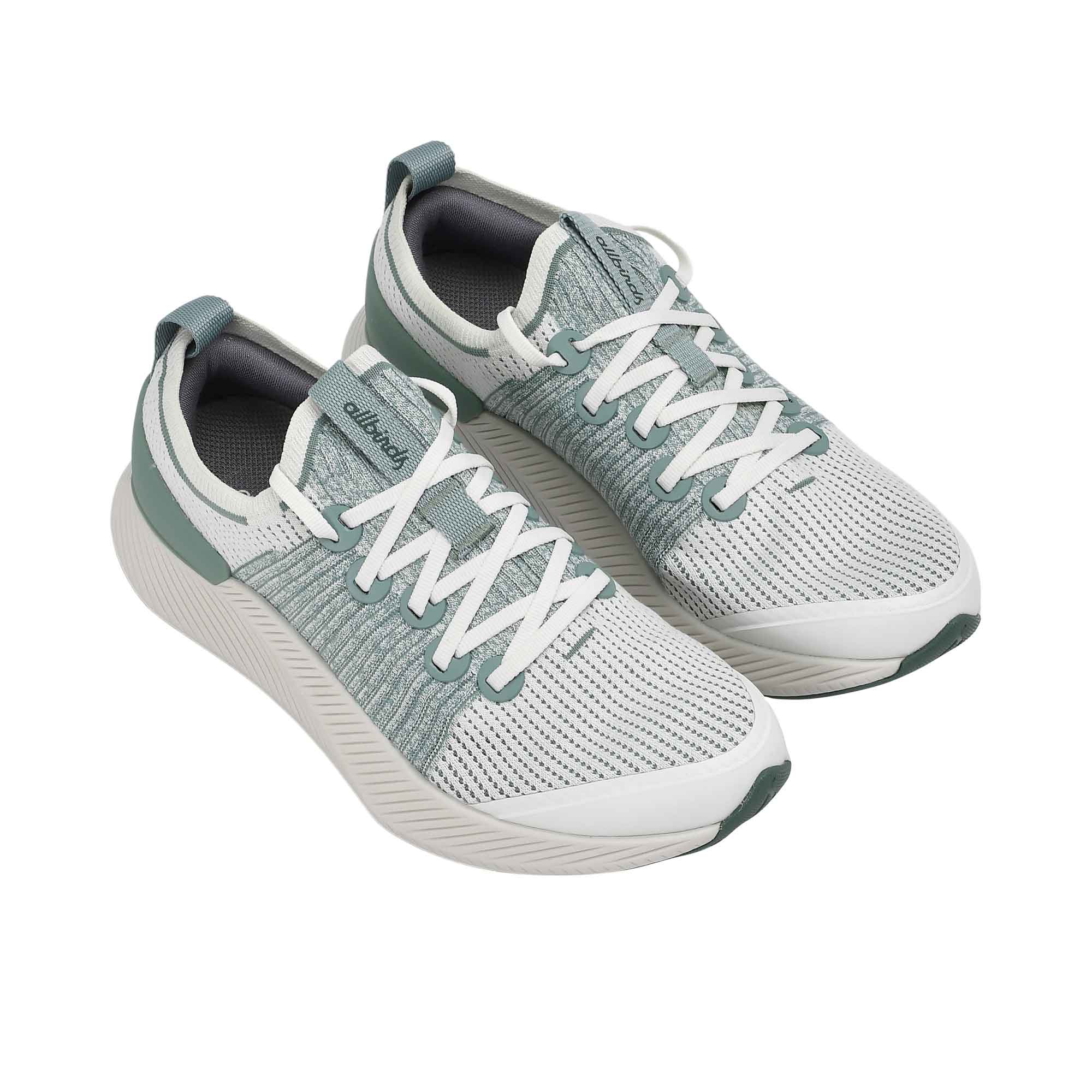 Top-down overhead view of the Allbirds Tree Flyer sneakers displaying the insoles, integrated sock-like collars, and lacing system.