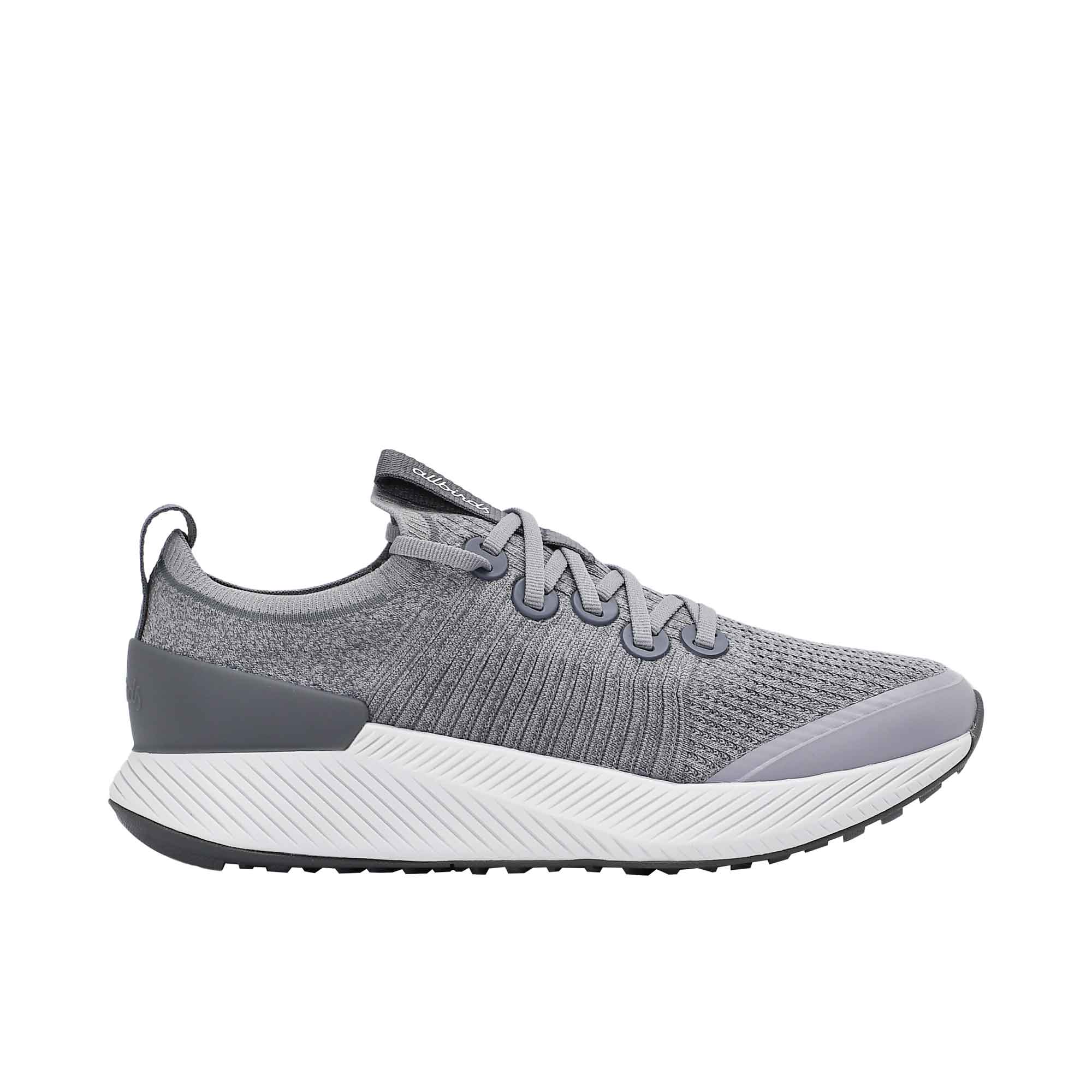 Side profile of Allbirds Tree Flyer 2 in Lux Grey featuring a textured knit upper and thick white SwiftFoam midsole.