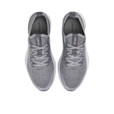 Pair of gray athletic shoes on a white background.