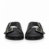 Front view of a pair of ALOHAS black patent leather-look double-strap sandals showing the open-toe design and adjustable metallic buckles.