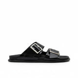 Side profile view of a single ALOHAS black glossy double-strap slide sandal featuring large silver-tone square buckles and a flat black sole on a white background.