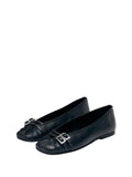 A pair of ALOHAS black leather buckled ballet flats shown from a 3/4 angle, highlighting the ruched toe box and polished silver hardware.
