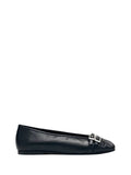 Profile view of a single ALOHAS black leather ballet flat featuring a square toe and double silver buckle straps against a plain white background.