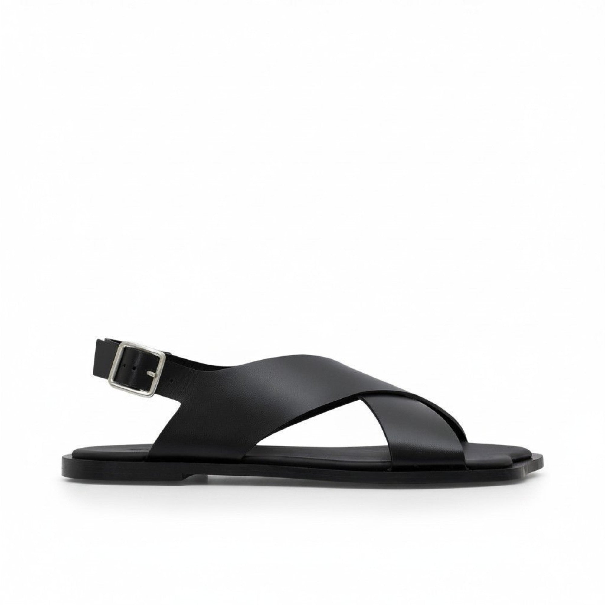 Side profile view of a single ALOHAS beige crossover slingback sandal with a silver-tone buckle and flat black sole against a white background.