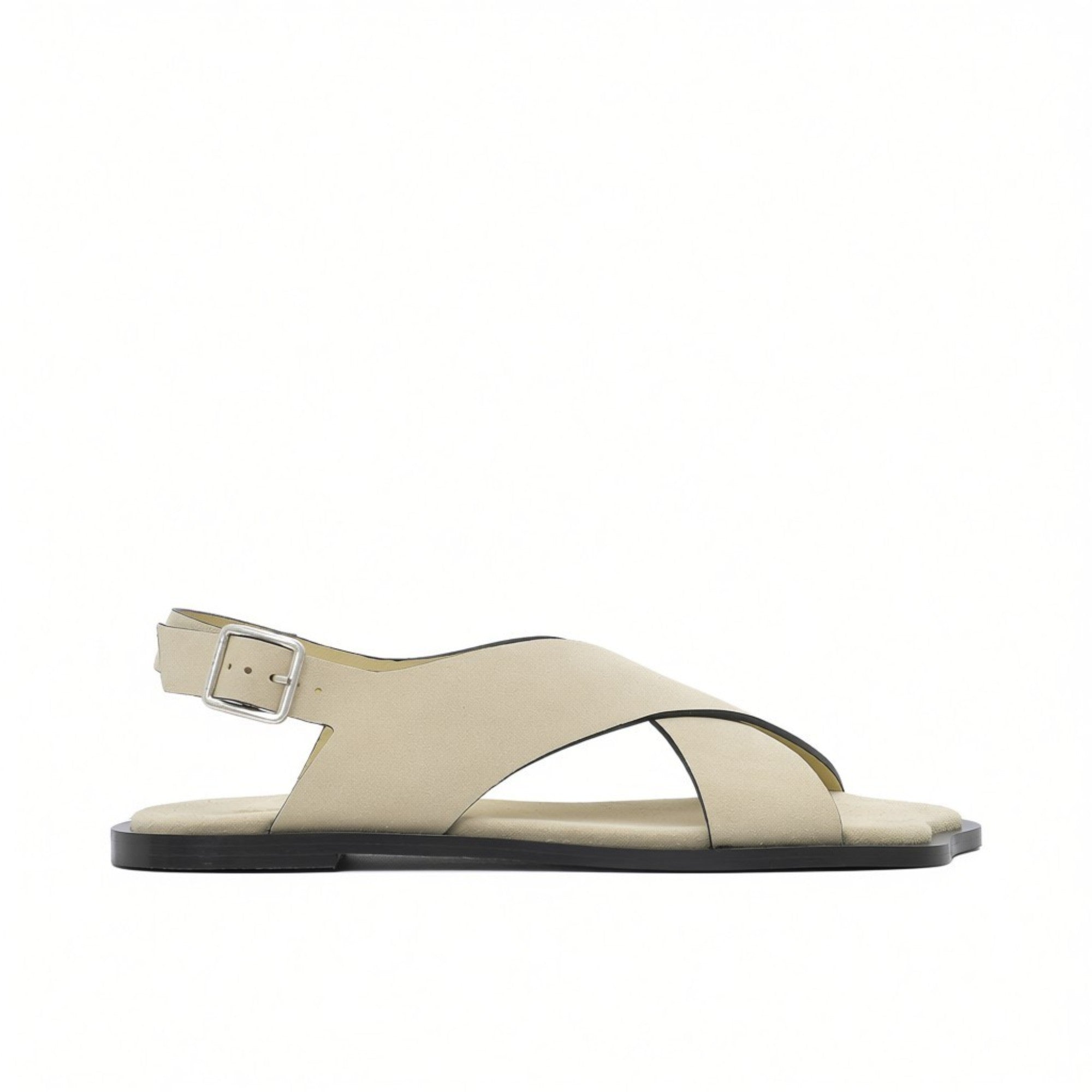 Side profile view of a single ALOHAS beige crossover slingback sandal with a silver-tone buckle and flat black sole against a white background.